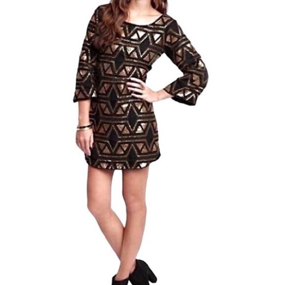 Billabong Designer’s Closet Large Black & Gold Sequin Fete Setter Dress - Picture 1 of 12